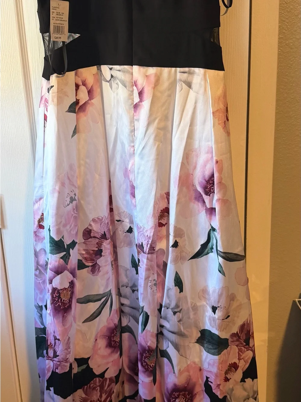 David’s Bridal Floral A-Line Maxi Skirt in White and Pink with a black v-neck